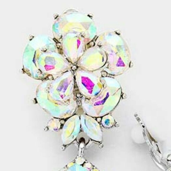 Flower Abalone Crystal Teardrop Dangle Silver Clip on Earrings  NWT - Picture 2 of 6